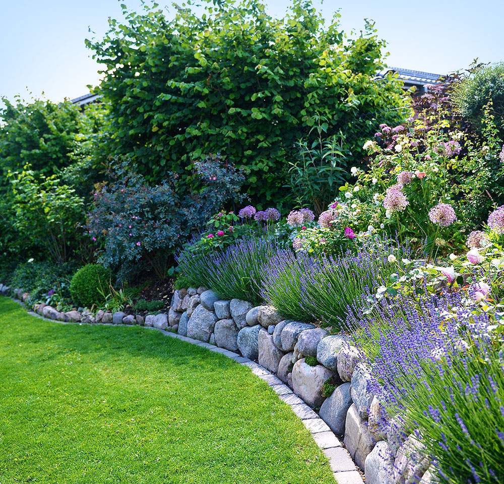 Ein Garten mit Steinmauer und bunten, blühenden Blumen.